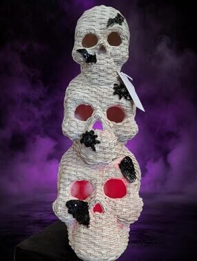 NEW 3 Stacked Multicolor Light Up Woven Skull Tower Spooky Bats Halloween Decor